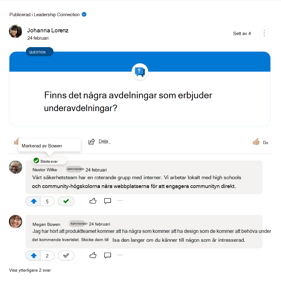 Det bästa svaret markerad för en Yammer-fråga