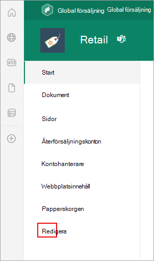 Skärmbild som visar platsen för kommandot Redigera på en SharePoint-sida.