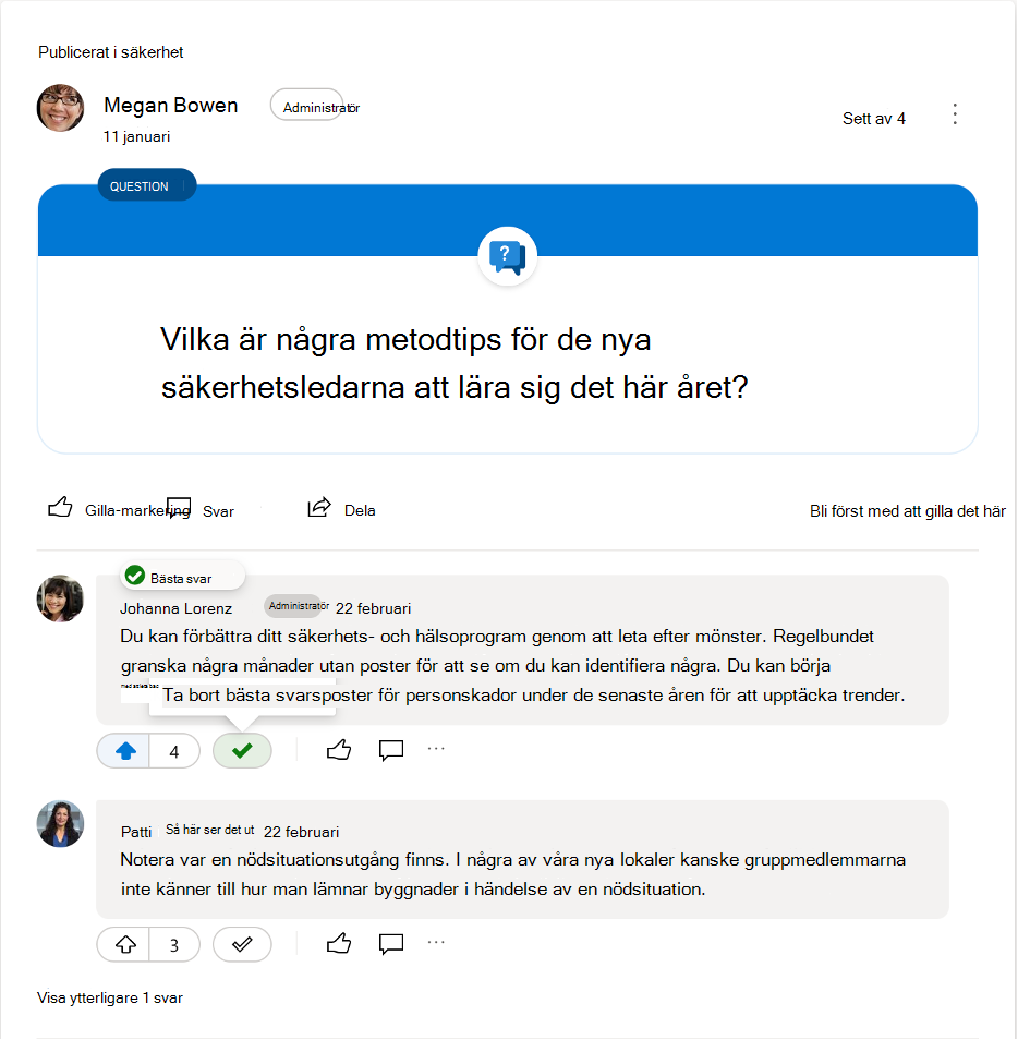 Om du avmarkerar ett bäst svar på en Yammer-fråga