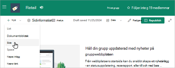 Skärmbild som visar hur du lägger till en ny sida på en SharePoint Online-gruppwebbplats.