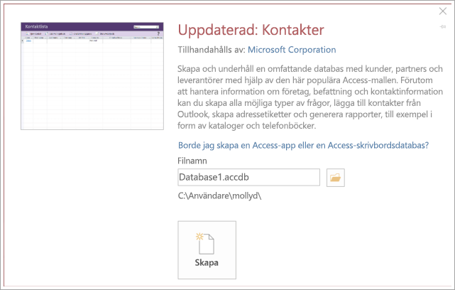 Skärmbild av gränssnittet för kontaktlista