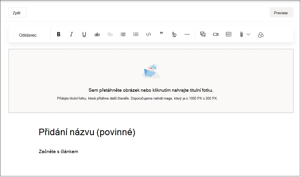 Snímek obrazovky znázorňující rozhraní pro úpravy typu příspěvku v článku s písmem, stylem, obrázky a dalšími možnostmi rtf