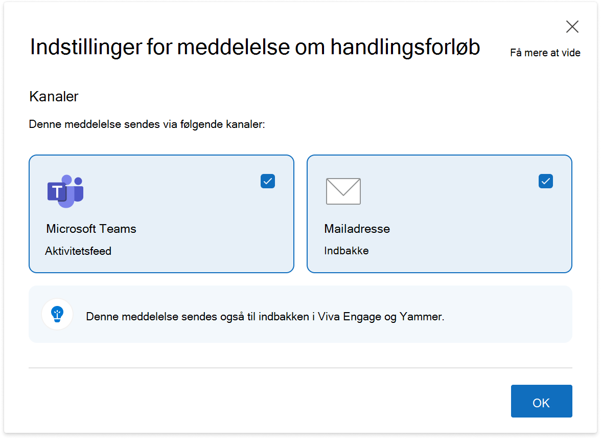 Billede af indstillingen for handlingsforløbmeddelelser, der er tilgængelige for ledere med en målgruppe i Viva Engage