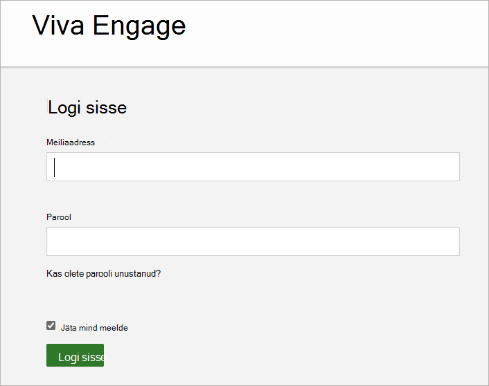Kuvatõmmisel on kujutatud kuva, kuhu saate sisestada oma Viva Engage kontoga seotud meiliaadressi ja parooli.