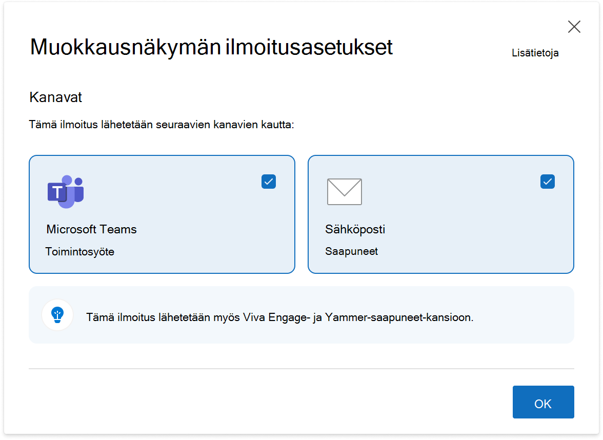 Kuva muokkausnäkymän ilmoitusasetuksesta, joka on Viva Engage