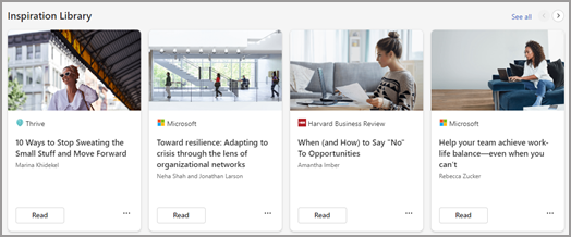 Les ressources de la bibliothèque d’inspiration incluent Microsoft, Harvard Business Review et Thrive. 