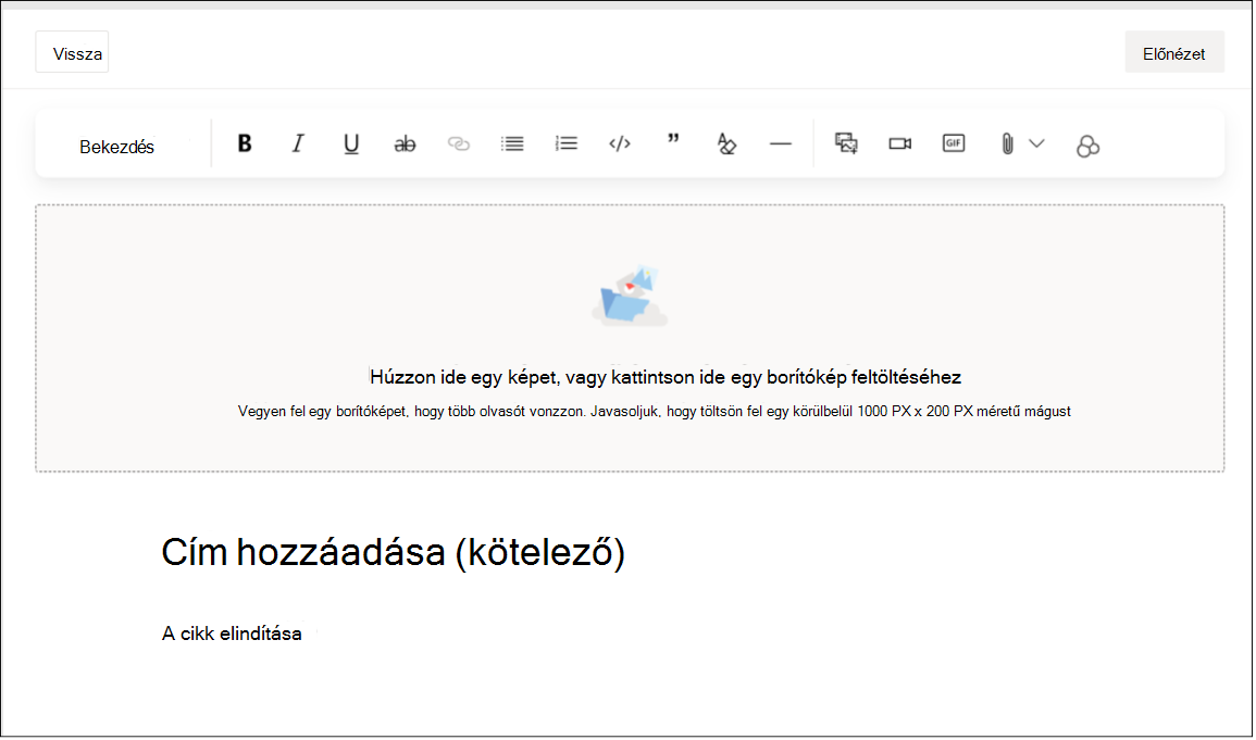 Képernyőkép a cikk bejegyzéstípusának szerkesztési felületéről betűtípussal, stílussal, képekkel és egyéb rich text beállításokkal.