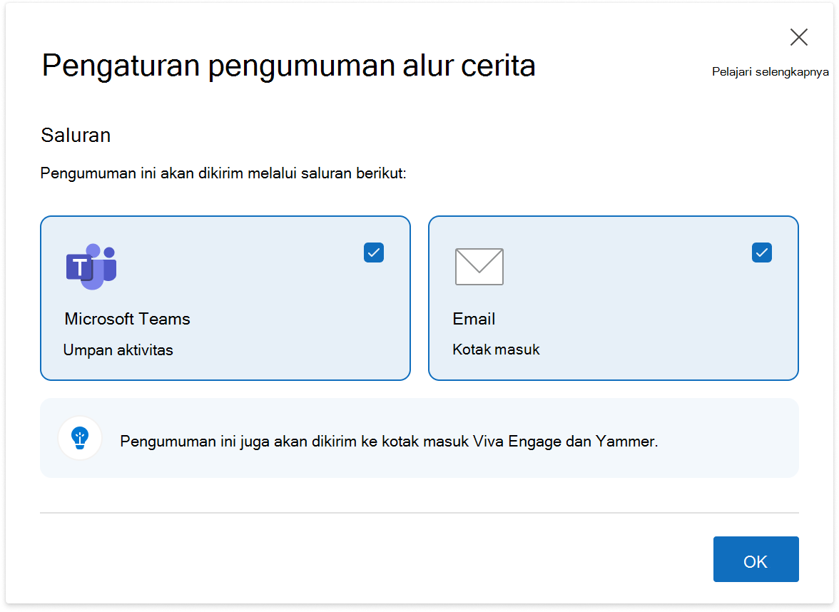 Gambar pengaturan pengumuman alur cerita yang tersedia untuk pemimpin dengan Audiens di Viva Engage