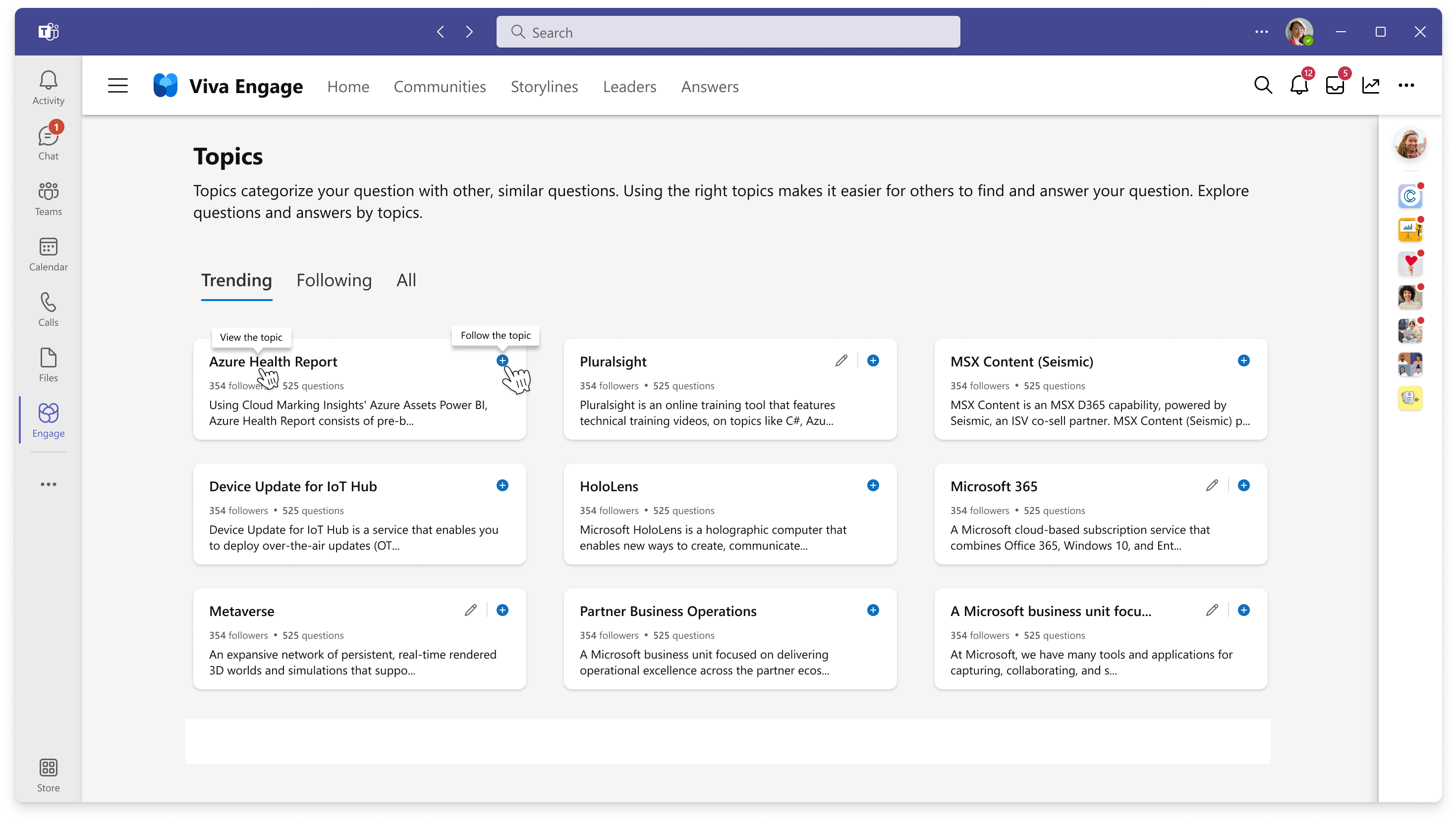 Visualizzazione della directory Topics in Answers in Viva Engage