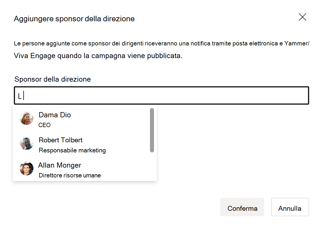 Screenshot del campo di immissione per gli sponsor dei dirigenti.