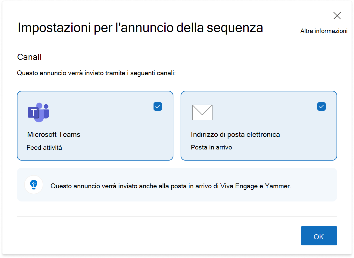 Immagine dell'impostazione annunci della sequenza disponibile per i responsabili con un gruppo di destinatari in Viva Engage