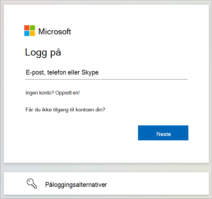 Skjermbilde som viser påloggingsdialogboksen der du skriver inn e-posten eller telefonnummeret som er knyttet til Microsoft-kontoen din.