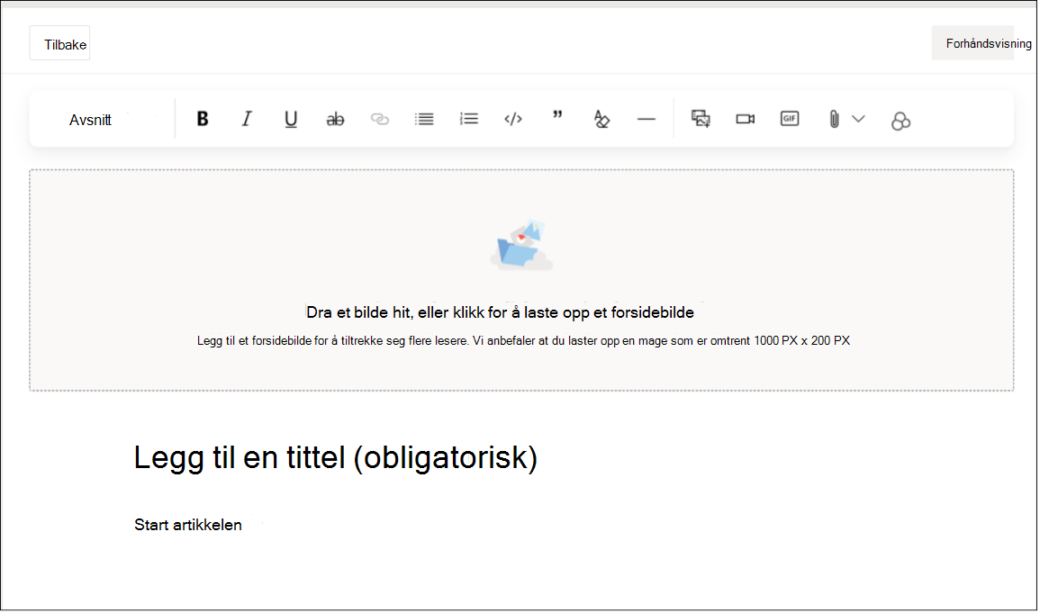 Skjermbilde som viser redigeringsgrensesnittet for en artikkelinnleggstype med skrift, stil, bilder og andre alternativer for rik tekst.