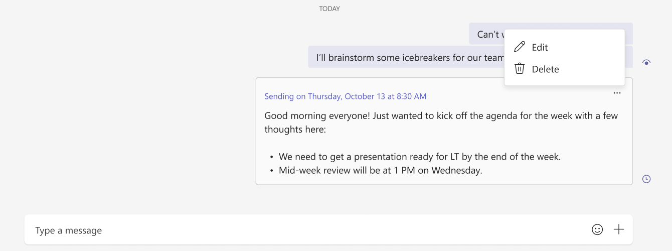 Screenshot of edit and delete options for a scheduled message in Teams chat.