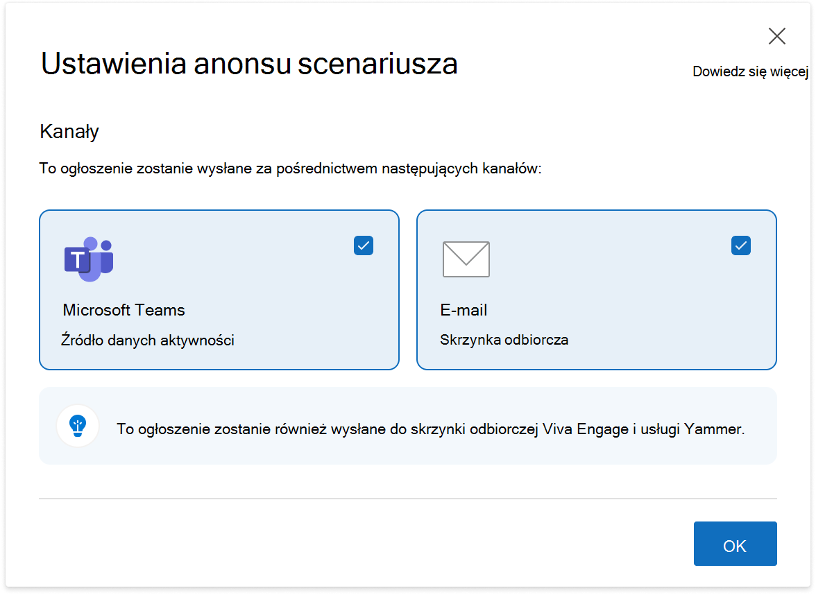 Obraz ustawienia anonsów scenariusza dostępnego dla liderów z publicznością w Viva Engage