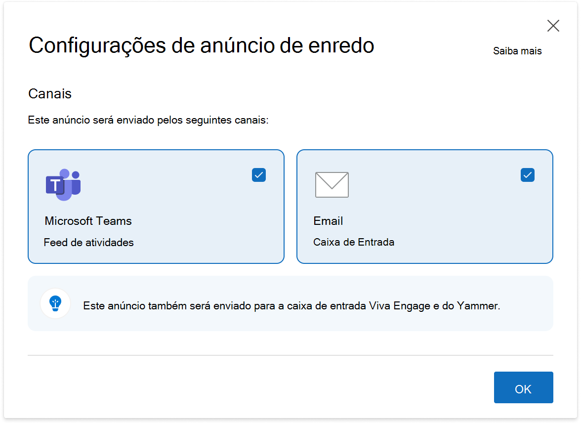 Imagem da configuração de anúncios de enredo disponível para líderes com uma audiência em Viva Engage