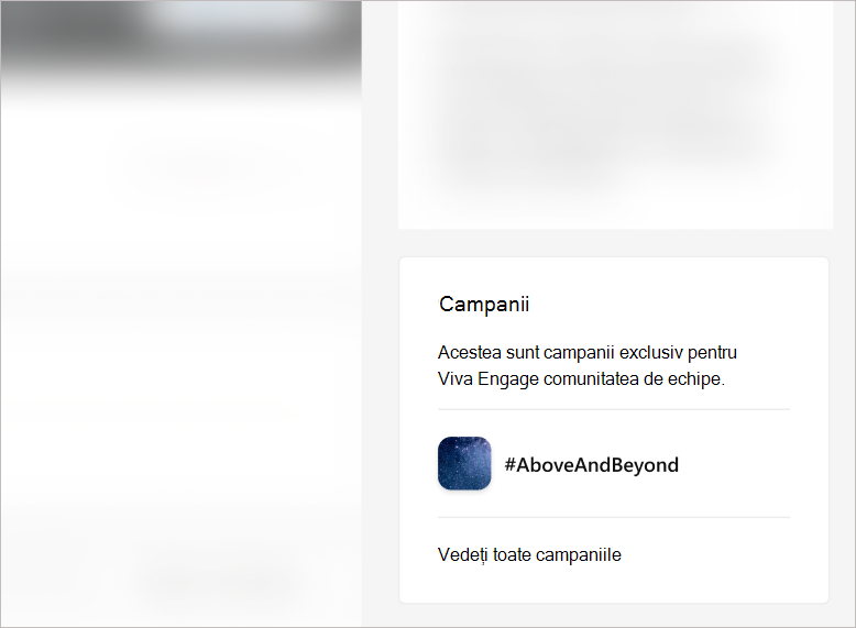 Captură de ecran cu dala Campanii din șina din dreapta a unei pagini de comunitate.