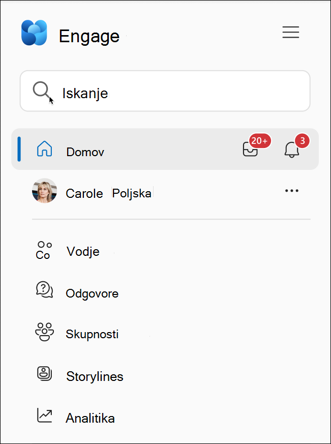 Na zaslonu je prikazana lokacija ikone na levi strani aplikacije Viva Engage Teams.