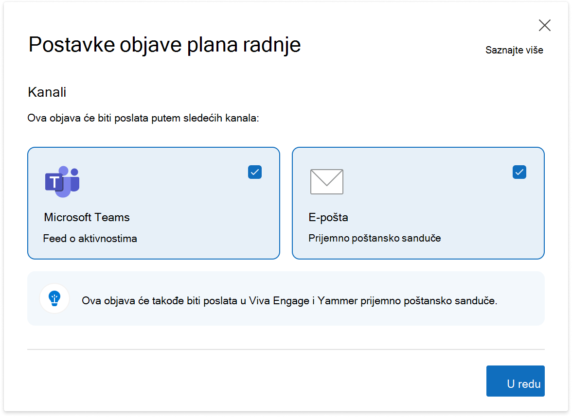 Slika postavke objava plana radnje dostupne vodiocima sa publikom u programu Viva Engage