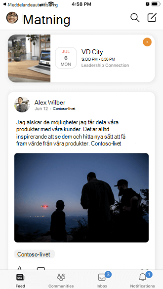 Skärmbild som visar identifiering av Yammer-händelser på mobilen