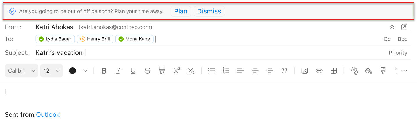 Ảnh chụp màn hình một đề xuất tại chỗ để lên kế hoạch cho thời gian vắng mặt của bạn trong khi soạn email trong Outlook
