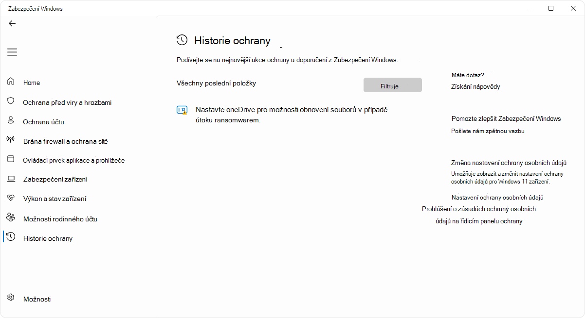 Snímek obrazovky se stránkou historie ochrany aplikace Zabezpečení Windows