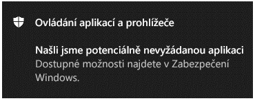 Oznámení řízení aplikací a prohlížečů, které zákazníkovi oznamuje, že byla nalezena potenciálně nežádoucí aplikace.