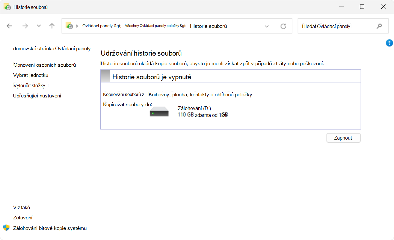 Snímek obrazovky Historie souborů z Ovládací panely