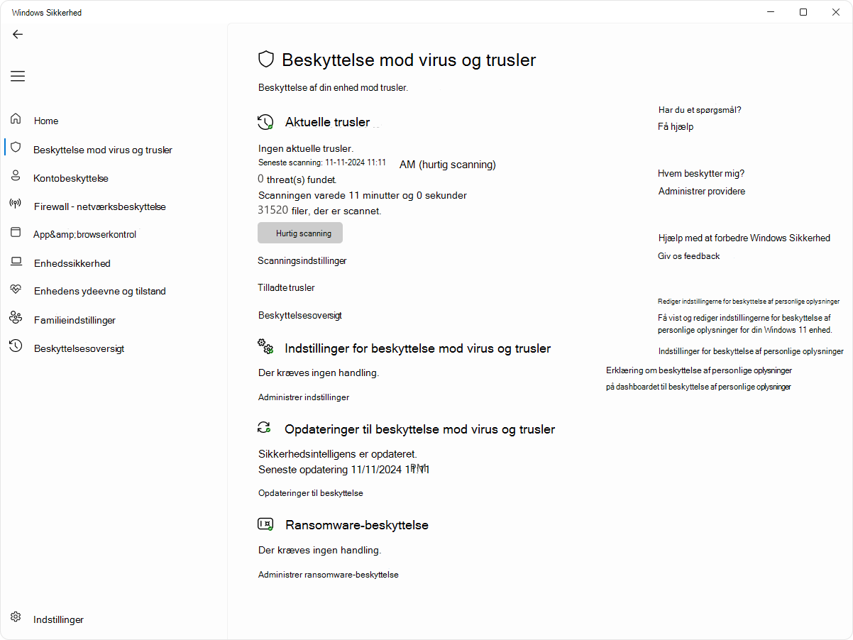 Skærmbillede af siden med virus- og trusselsbeskyttelse i Windows Sikkerhed-appen.