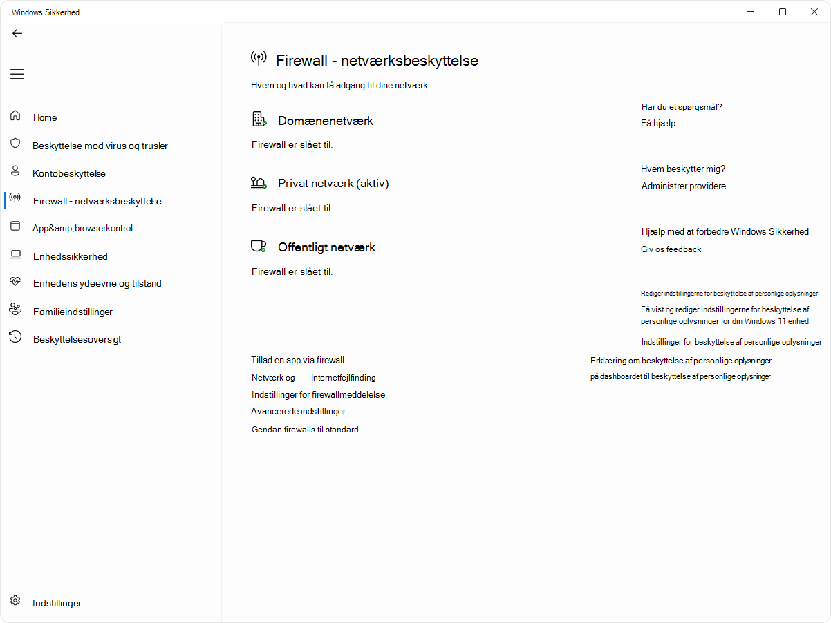 Skærmbillede af siden Firewall og netværksbeskyttelse i Windows Sikkerhed-appen.