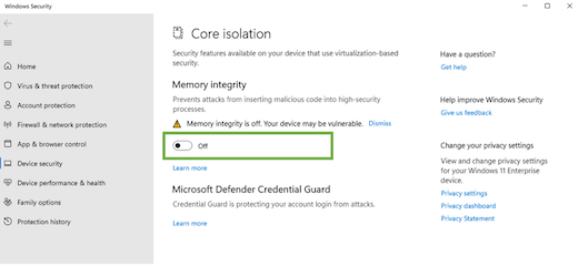 Seite "Core isolation settings" (Kernisolationseinstellungen) mit Umschaltfläche für die Speicherintegrität