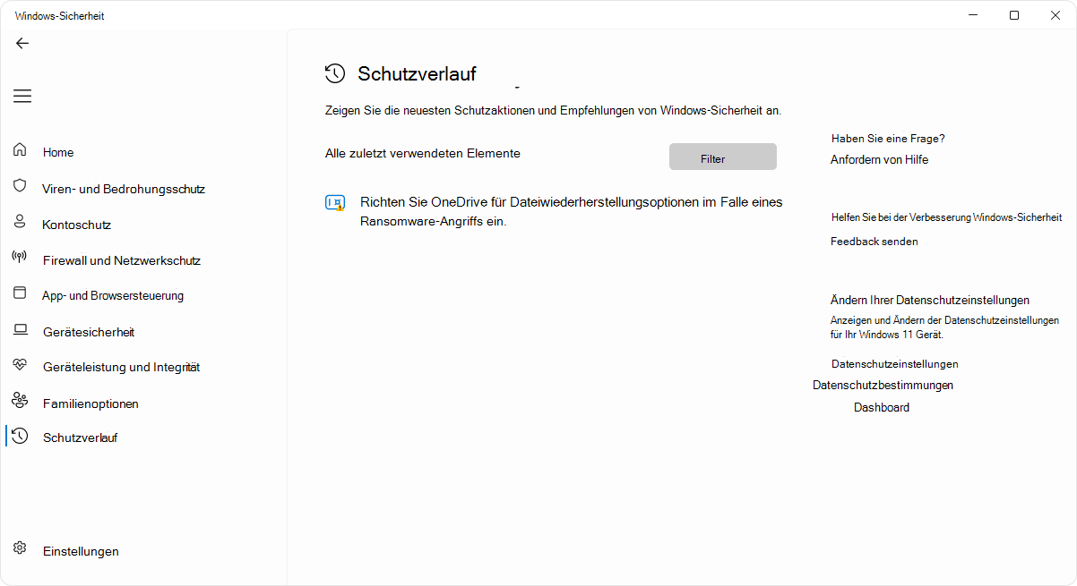 Screenshot der Seite "Schutzverlauf" der Windows-Sicherheit-App.