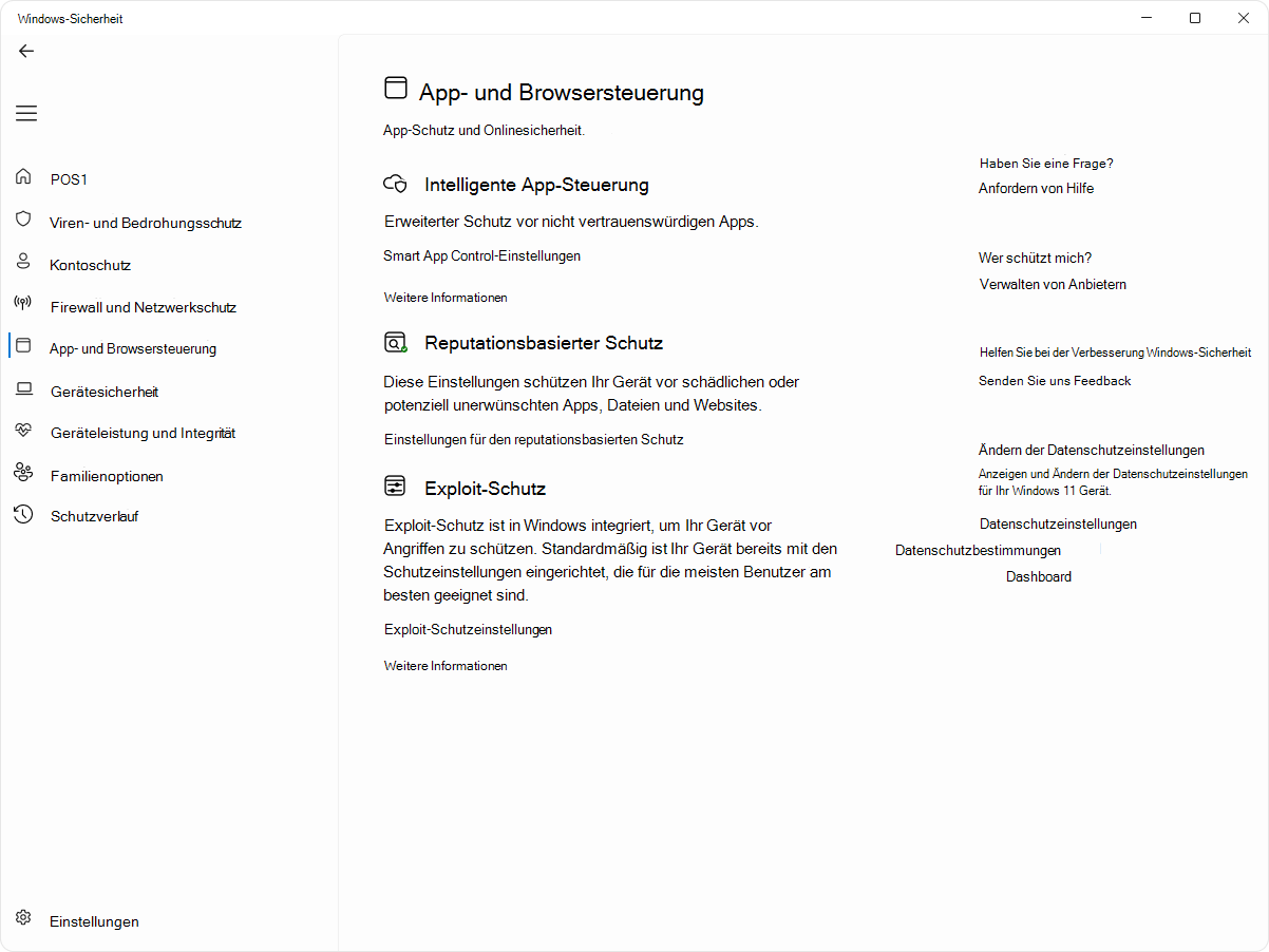 Screenshot der App- und Browsersteuerungsseite der Windows-Sicherheit-App.