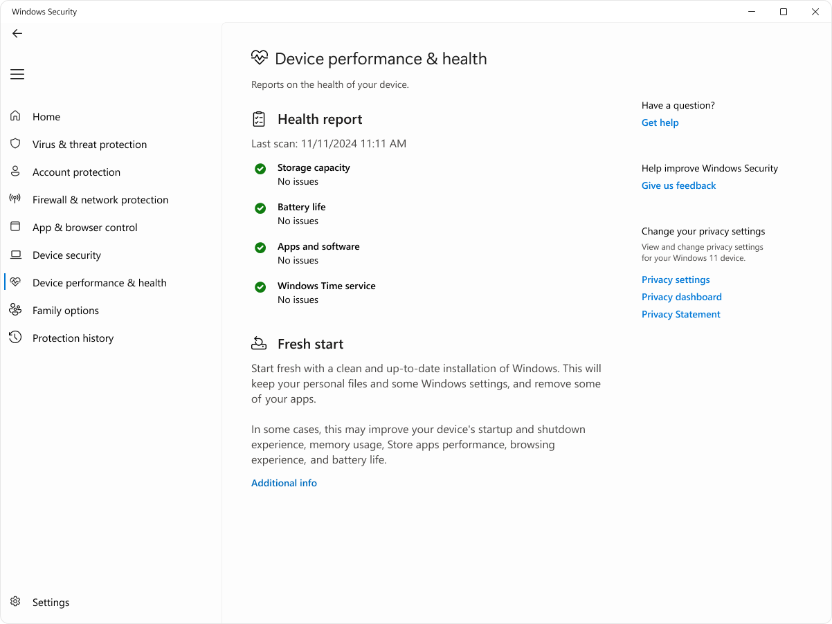 Captura de pantalla de la página de rendimiento y del dispositivo de la aplicación Seguridad de Windows.