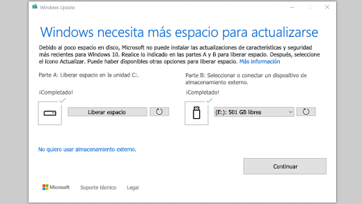 Mensaje Windows necesita más espacio para realizar la actualización