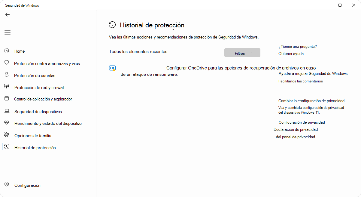 Captura de pantalla de la página del historial de protección de la aplicación Seguridad de Windows.