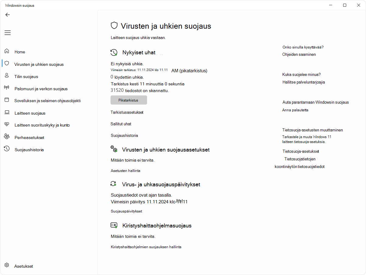 Näyttökuva Windowsin suojaus-sovelluksen virusten ja uhkien torjuntasivusta.
