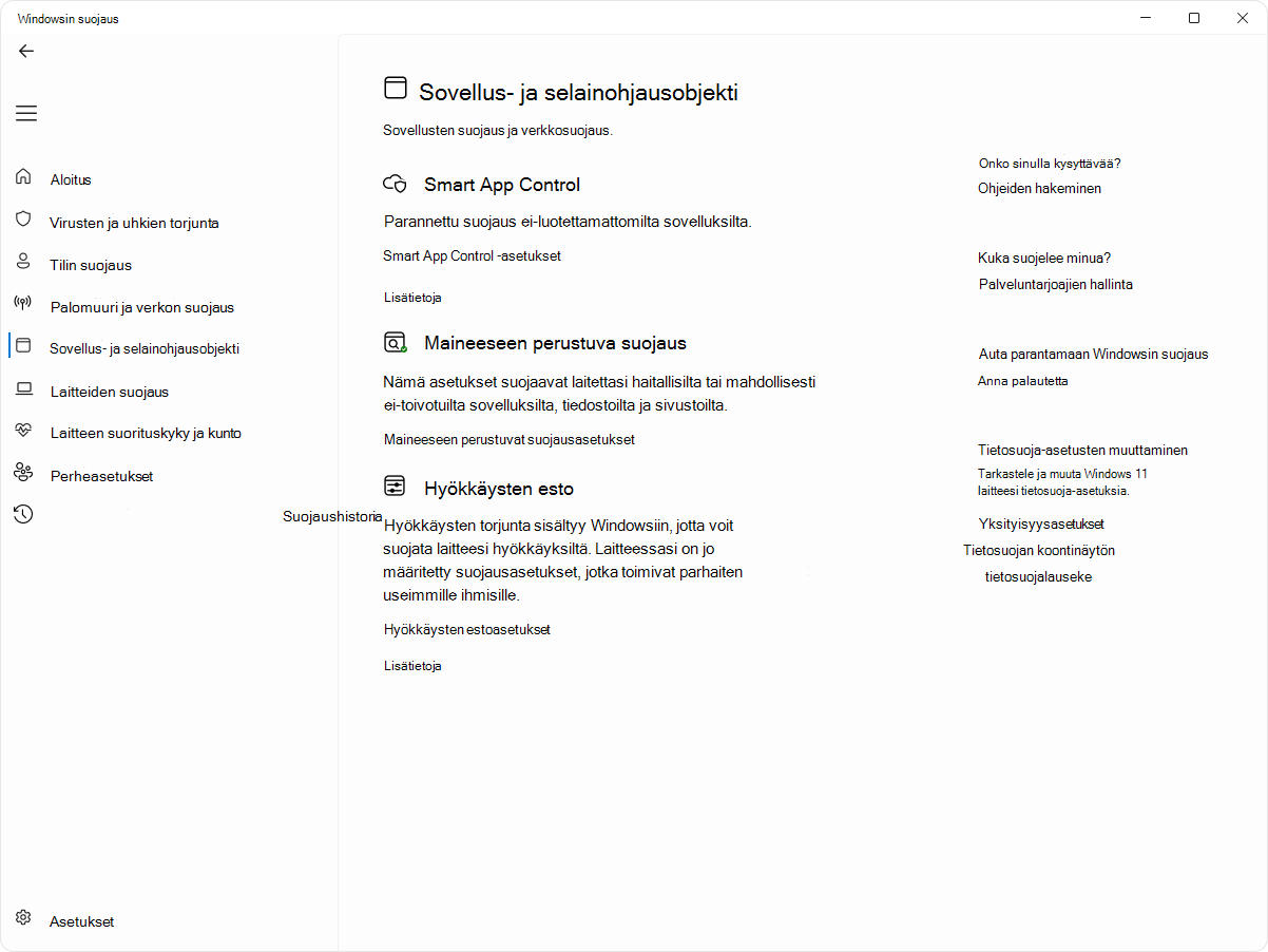 Näyttökuva Windowsin suojaus-sovelluksen sovellus- ja selainohjaussivusta.