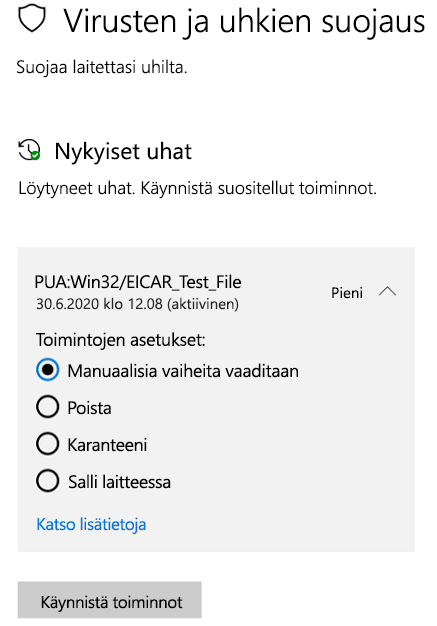 Toimenpiteet, jotka voit tehdä, kun Windowsin suojaus on havainnut mahdollisesti ei-toivotun sovelluksen