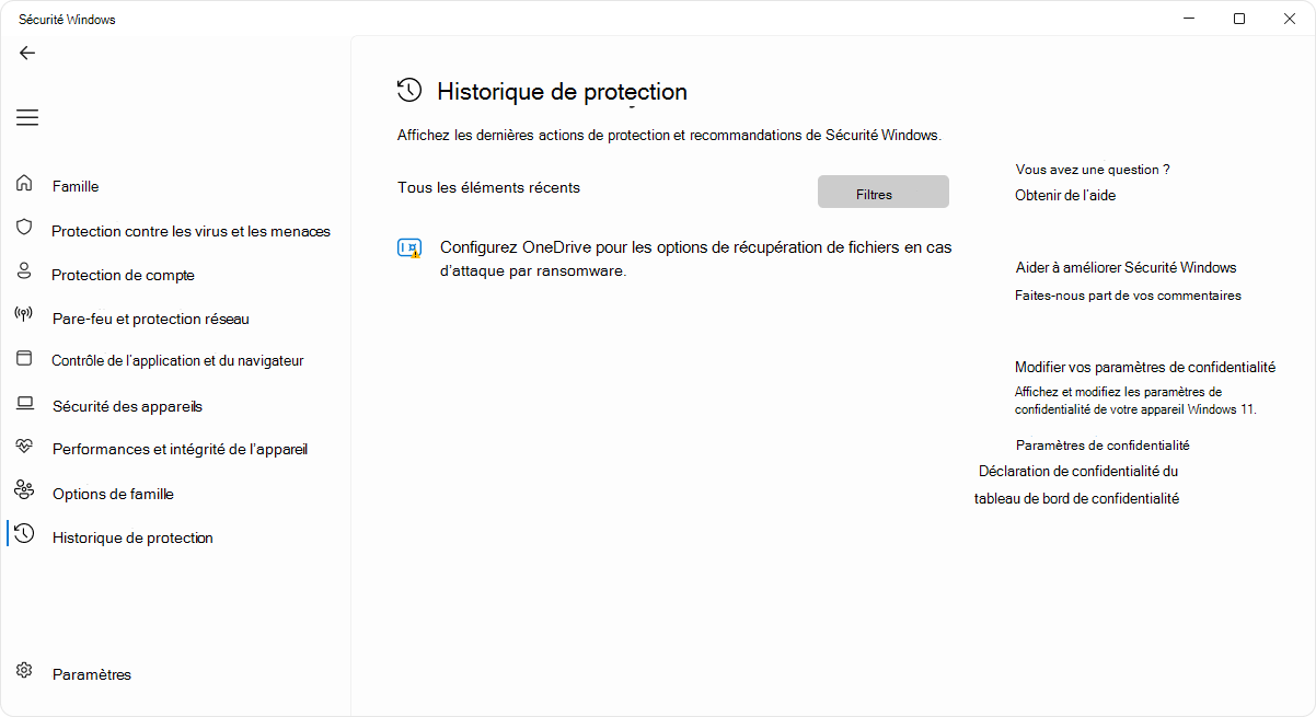 Capture d’écran de la page d’historique de protection de l’application Sécurité Windows.