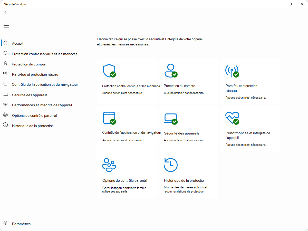 Capture d’écran du volet Sécurité Windows - Accueil.