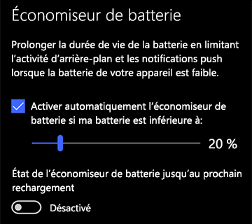 Image des paramètres de l’économiseur de batterie