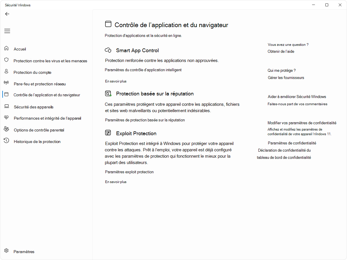 Capture d’écran de la page de contrôle de l’application et du navigateur de l’application Sécurité Windows.