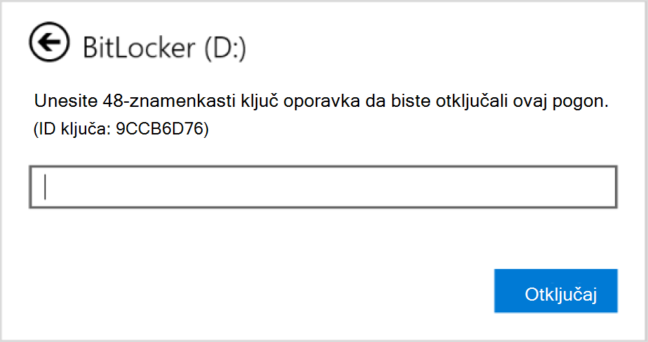 Snimka zaslona dijaloškog okvira za unos BitLocker oporavka podatkovnog pogona.