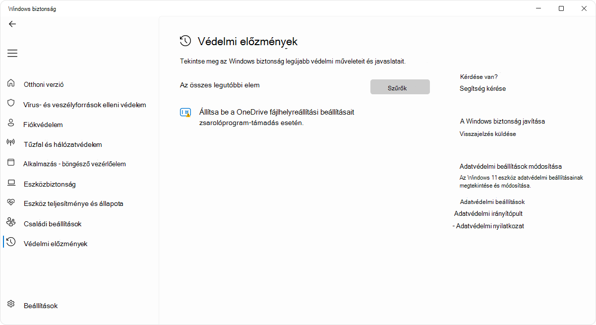 Képernyőkép a Windows biztonság alkalmazás védelmi előzményoldaláról.