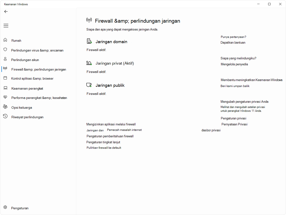 Cuplikan layar halaman Firewall dan Perlindungan Jaringan dari aplikasi Keamanan Windows.