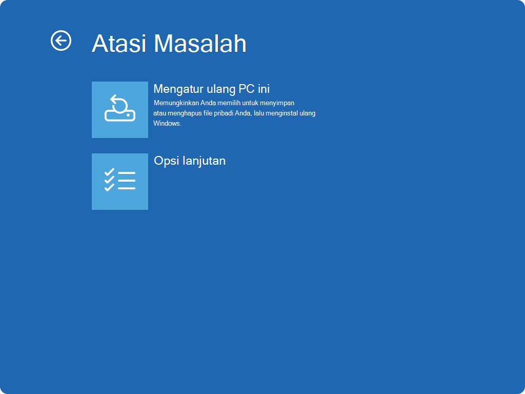 Cuplikan layar Windows RE - Layar Pemecahan masalah.