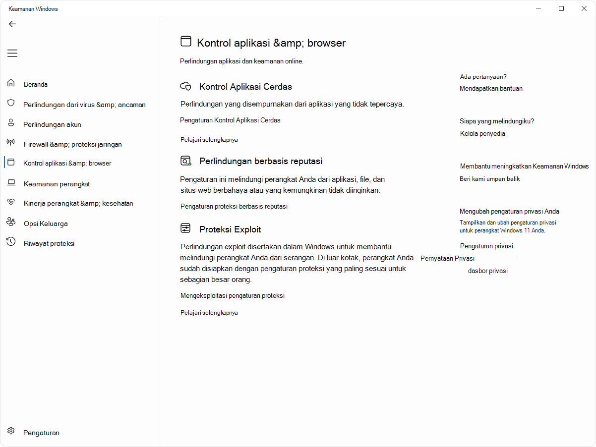 Cuplikan layar halaman kontrol aplikasi dan browser dari aplikasi Keamanan Windows.