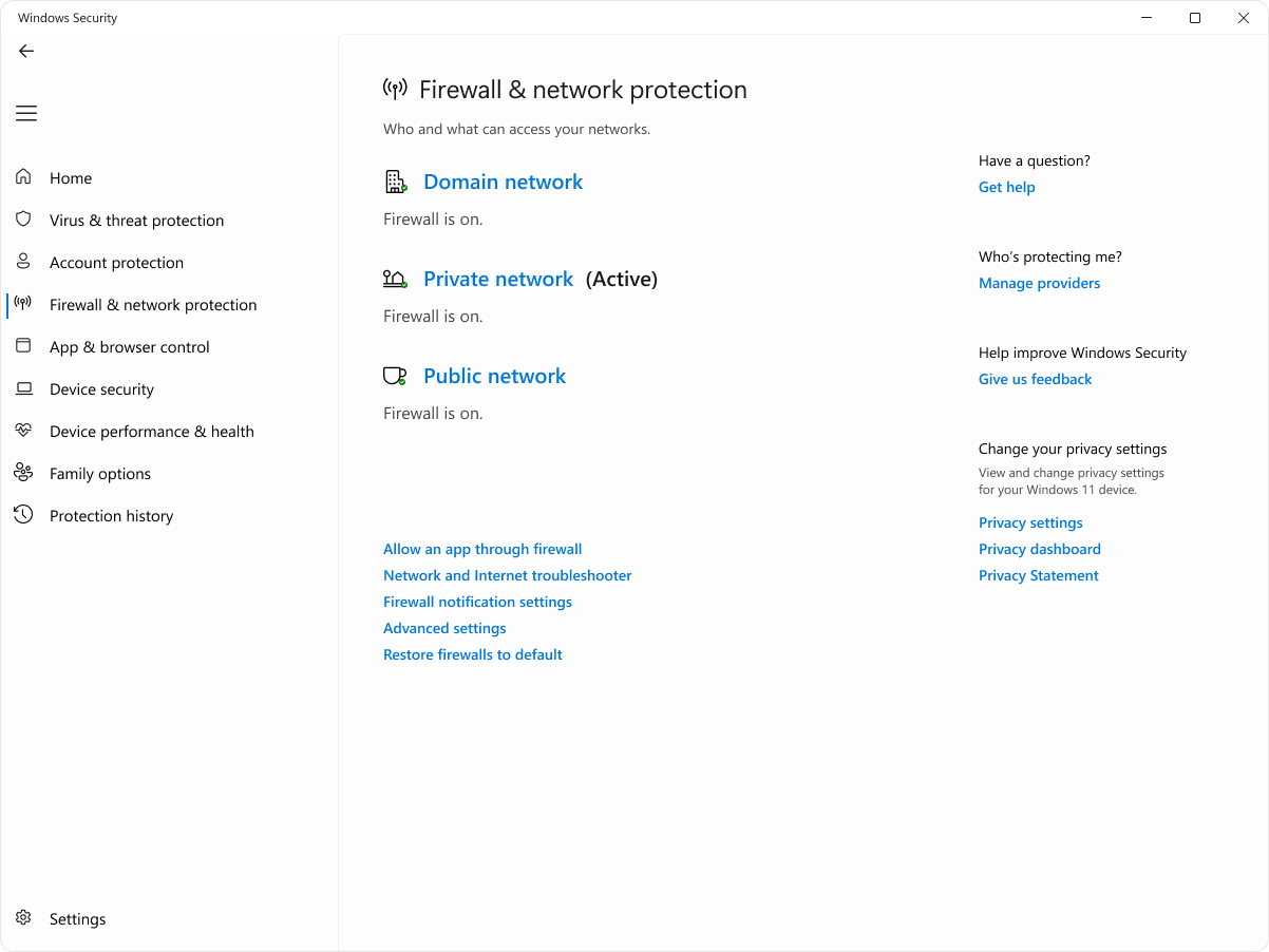 Screenshot della pagina Firewall e protezione rete dell'app Sicurezza di Windows.