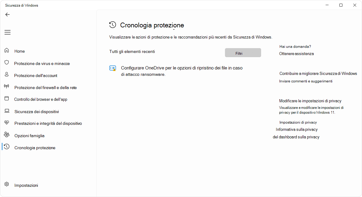 Screenshot della pagina della cronologia di protezione dell'app Sicurezza di Windows.